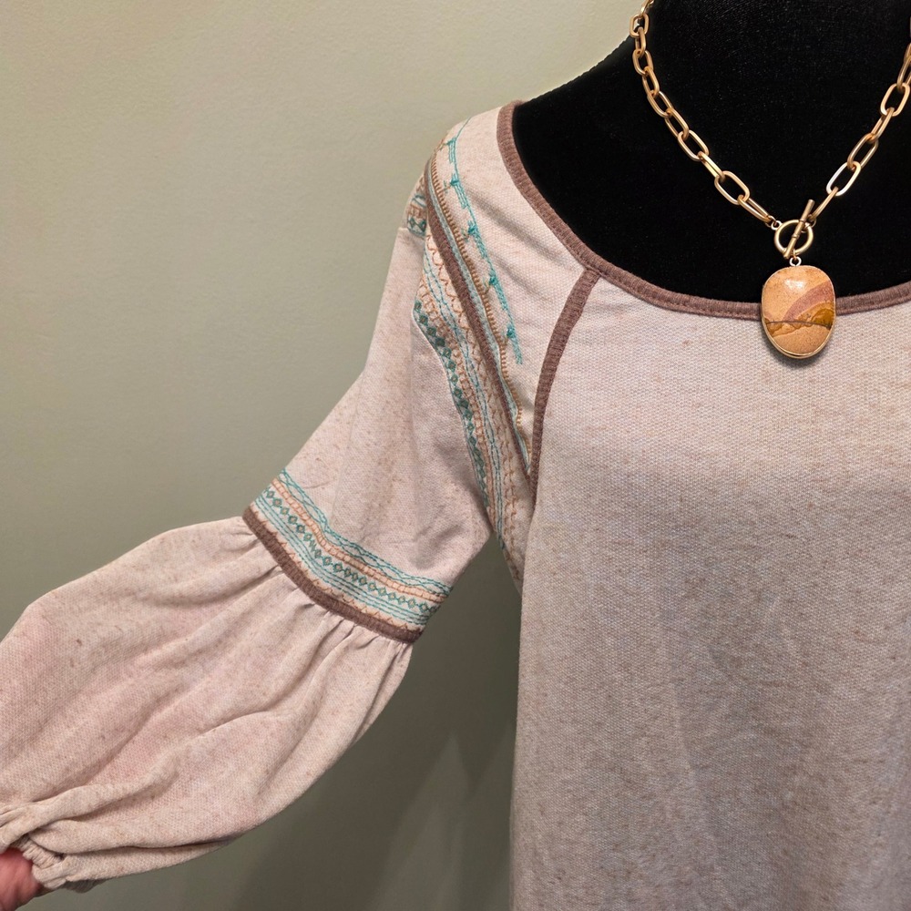 Umgee USA Boho Embroidered Balloon Sleeve Tunic Top Oatmeal C3326 Large